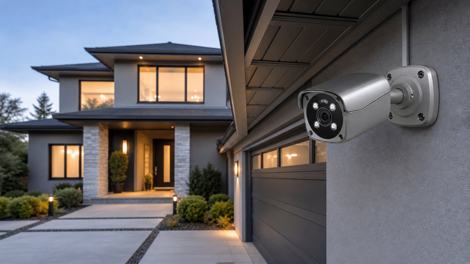 Illustrative PoE camera installation beside a home driveway
