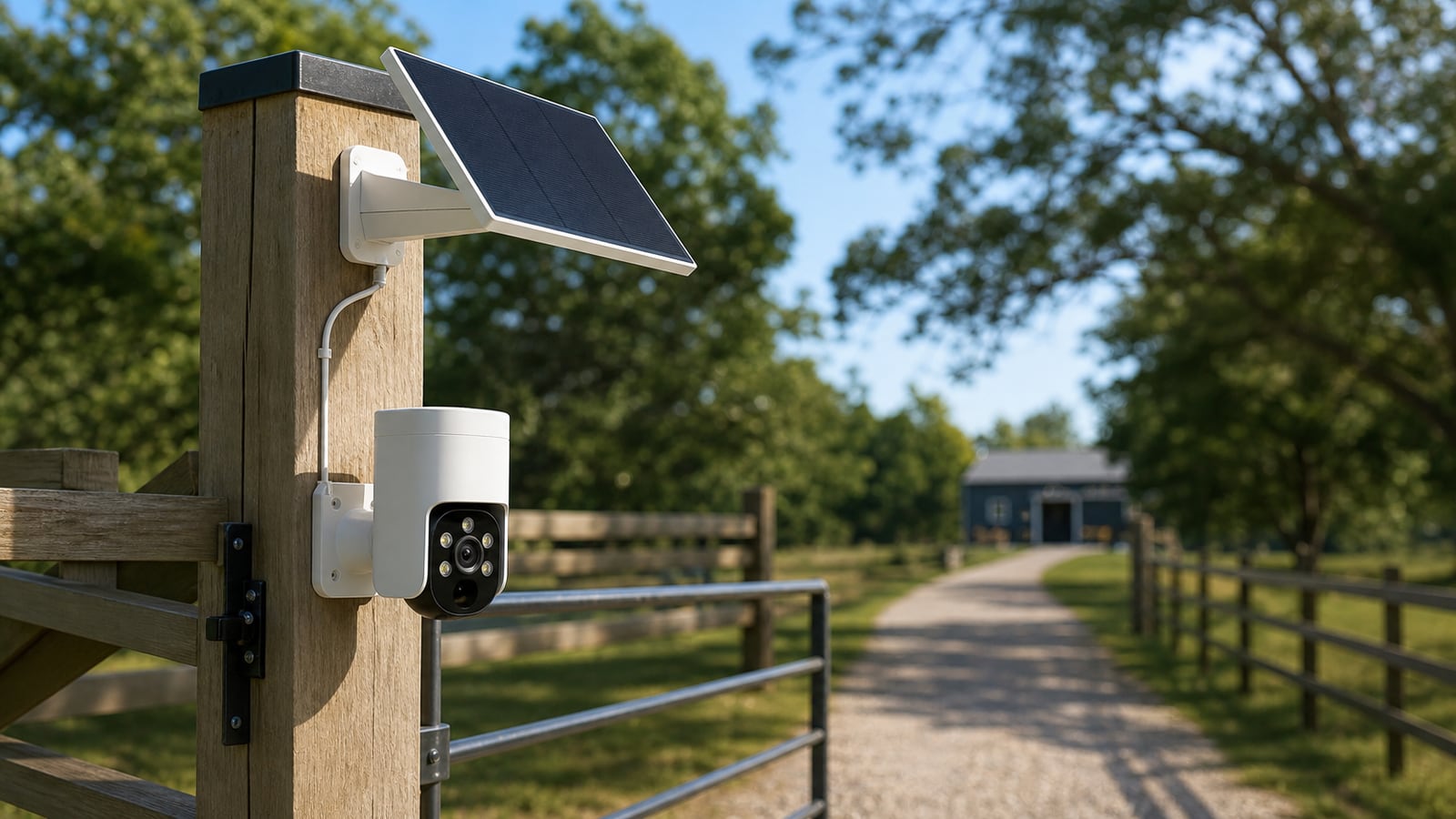 Illustrative solar security camera installation at a remote property gate