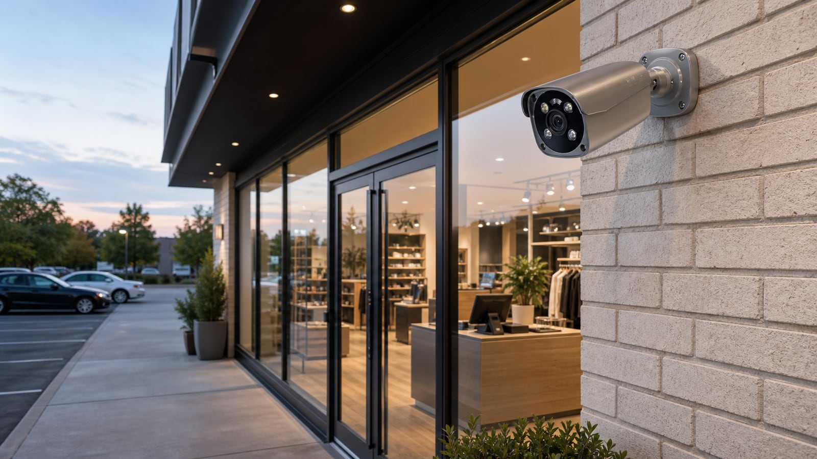 Illustrative security camera installation at a retail entrance