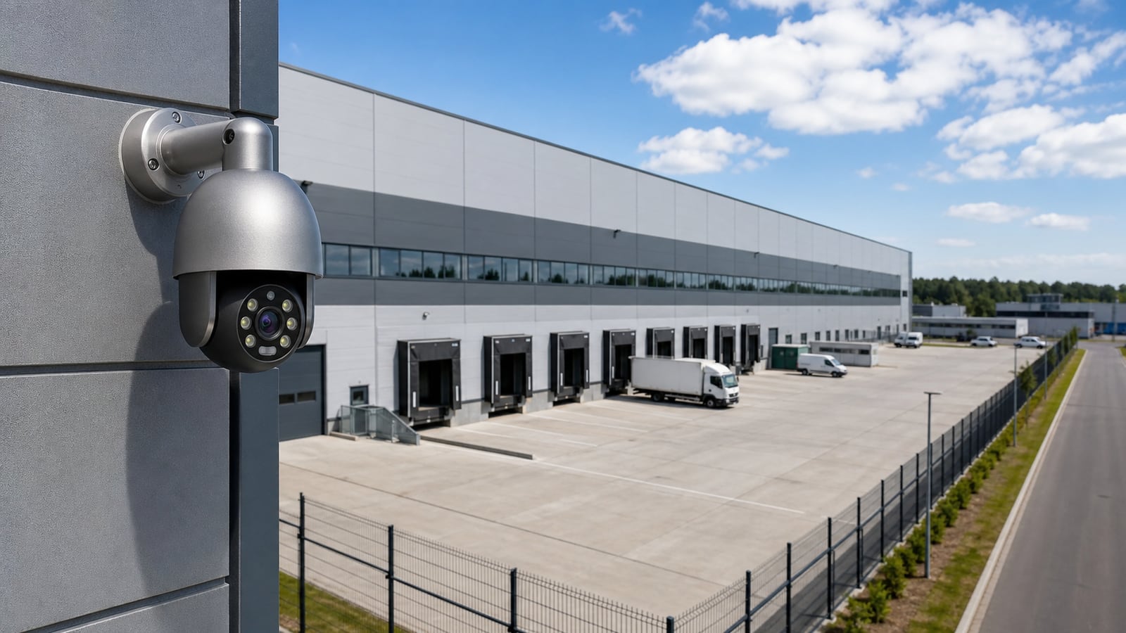Illustrative PTZ camera installation overlooking a warehouse loading yard